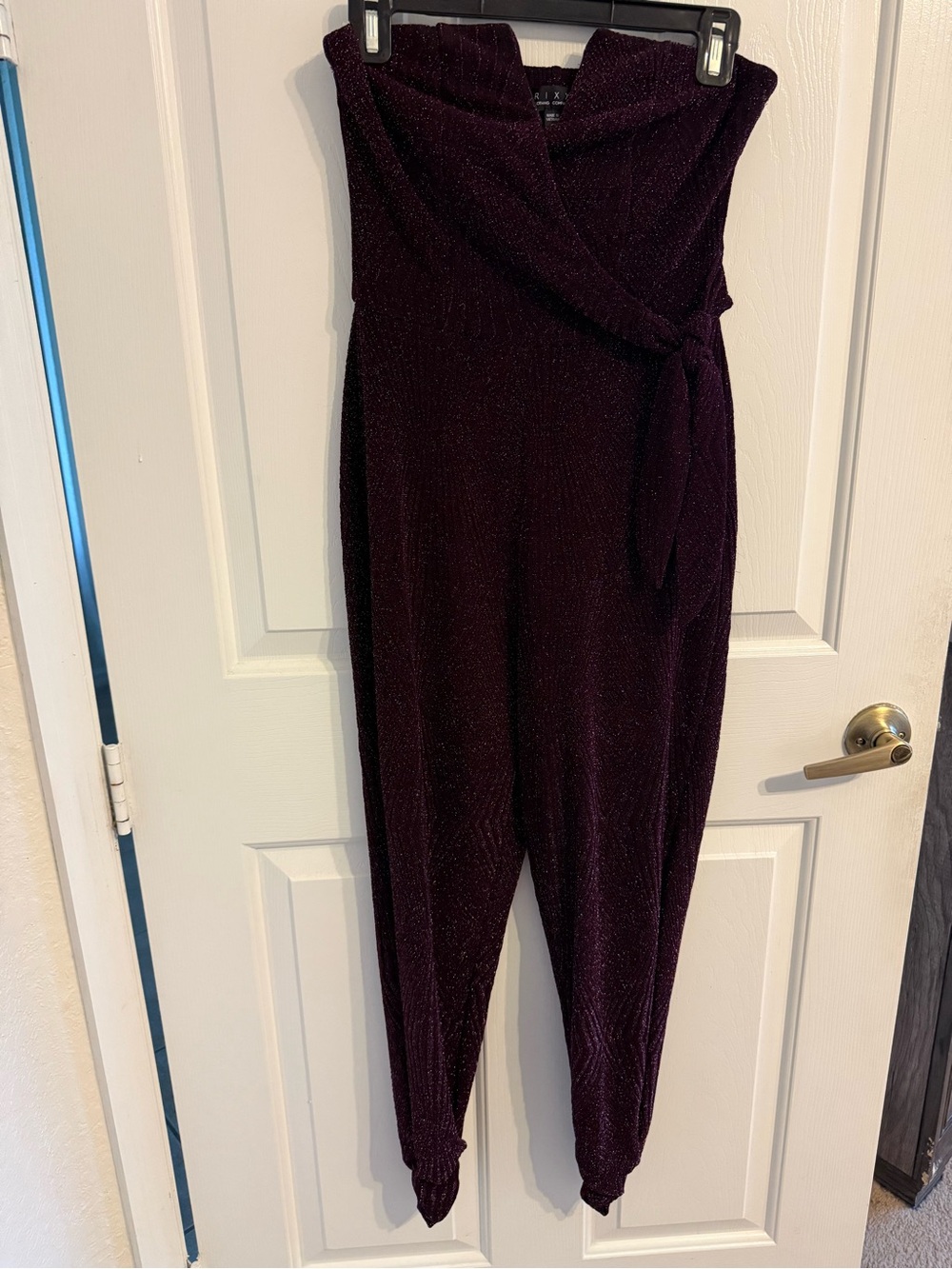 Trixxi Strapless Sparkle Jumpsuit in Deep Plum with Tie Waist